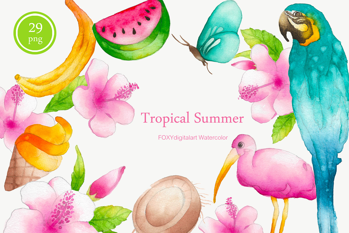 Watercolor summer tropical clipart, an Illustration by FOXYdigitalart (Photo 5 of 5)