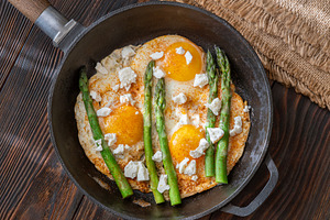 Rustic Breakfast Skillet With Fried Eggs Asparagus And Feta Chee, a Food & Drink Photo by Alexander Prokopenko