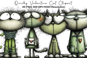 Quirky Valentine Cat Clipart, an Illustration by Black Bird Studio