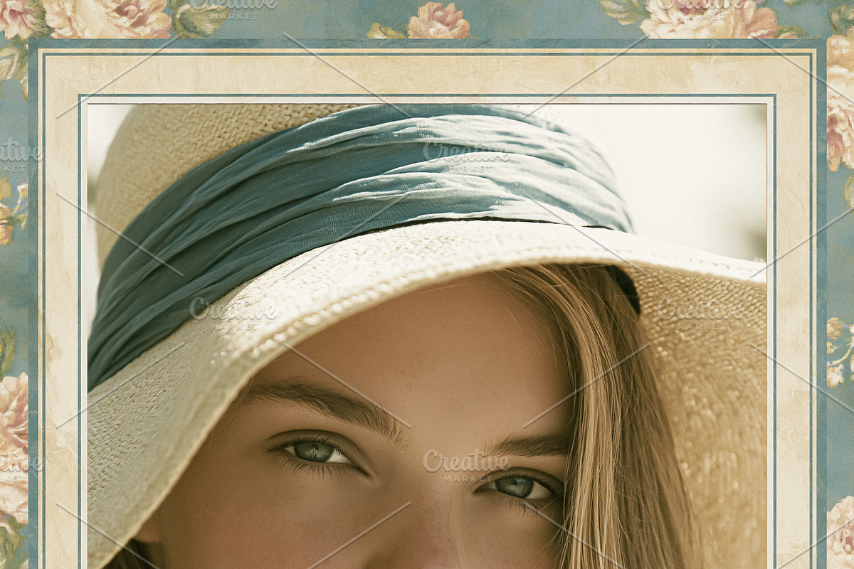 Young woman wearing a sun hat with blue ribbon, framed by vintag, an Illustration by Studio ANNA