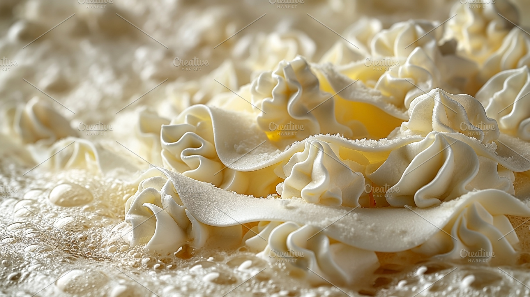 Close-up of delicate whipped cream swirls atop a frothy surface,, a Food & Drink Photo by ImageMir