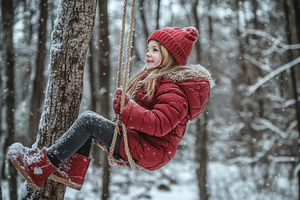 Girl joyfully swings on a rope swing, a Photo by Iftikhar Alam