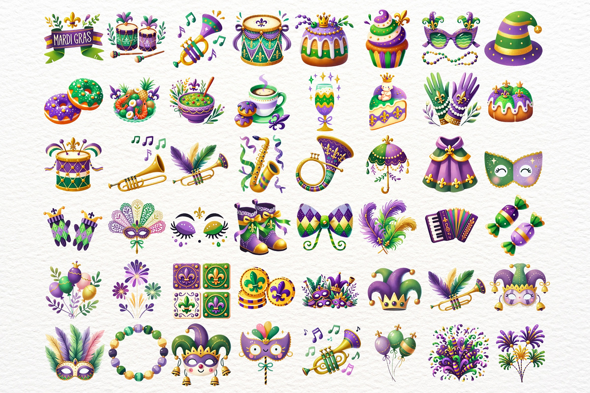 Mardi Gras Clipart PNG Bundle, a Seasonal Illustration by Nicolle's Colorful Art (Photo 2 of 6)
