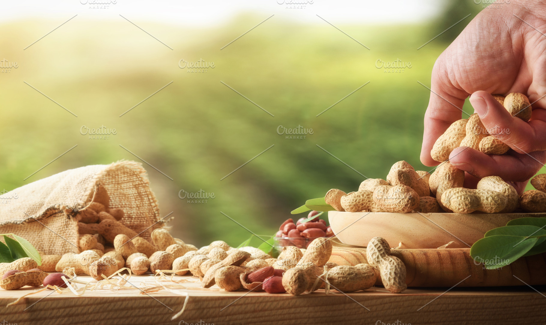 Wooden table filled with harvested peanuts with a growing backgr, a Food & Drink Photo by Davizro's Market