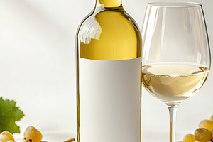 Blank label white wine bottle with glass and grapes in bright se, a Food & Drink Photo by AlyaAnd