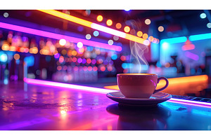 Cup of hot coffee on neon-lit bar, a Food & Drink Photo by Igor Tichonow