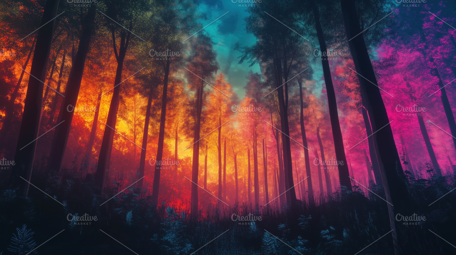 A vibrant forest scene at dusk, featuring tall trees with colorful leaves in sh, a Photo by Textures & Backgrounds