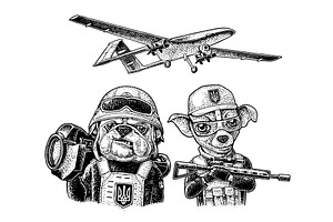 Dogs soldiers and drone engraving, an Animal Illustration by MoreVector