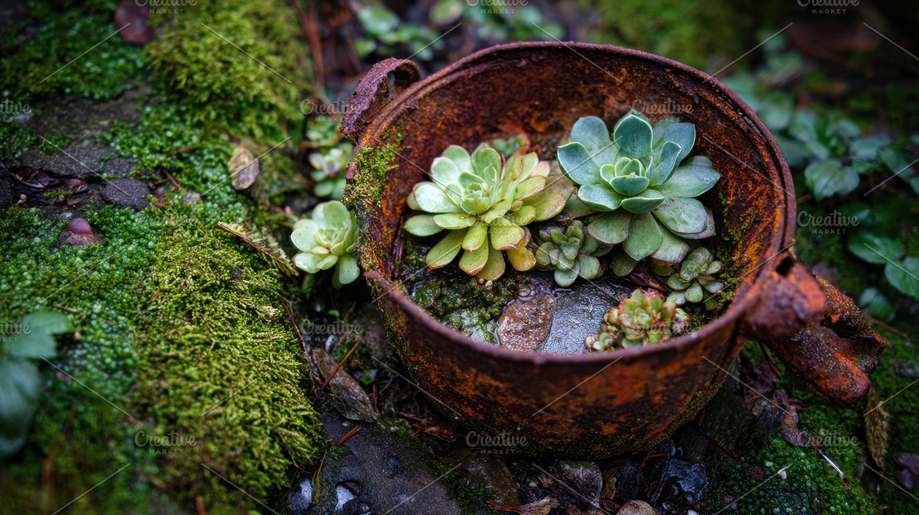Rusty pot with succulents, a Photo by Beautiful things