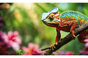 Chameleon On Tropical Flowers