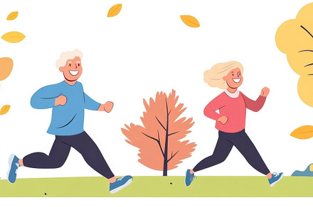 Smiling couple jogging in an autumn forest illustration