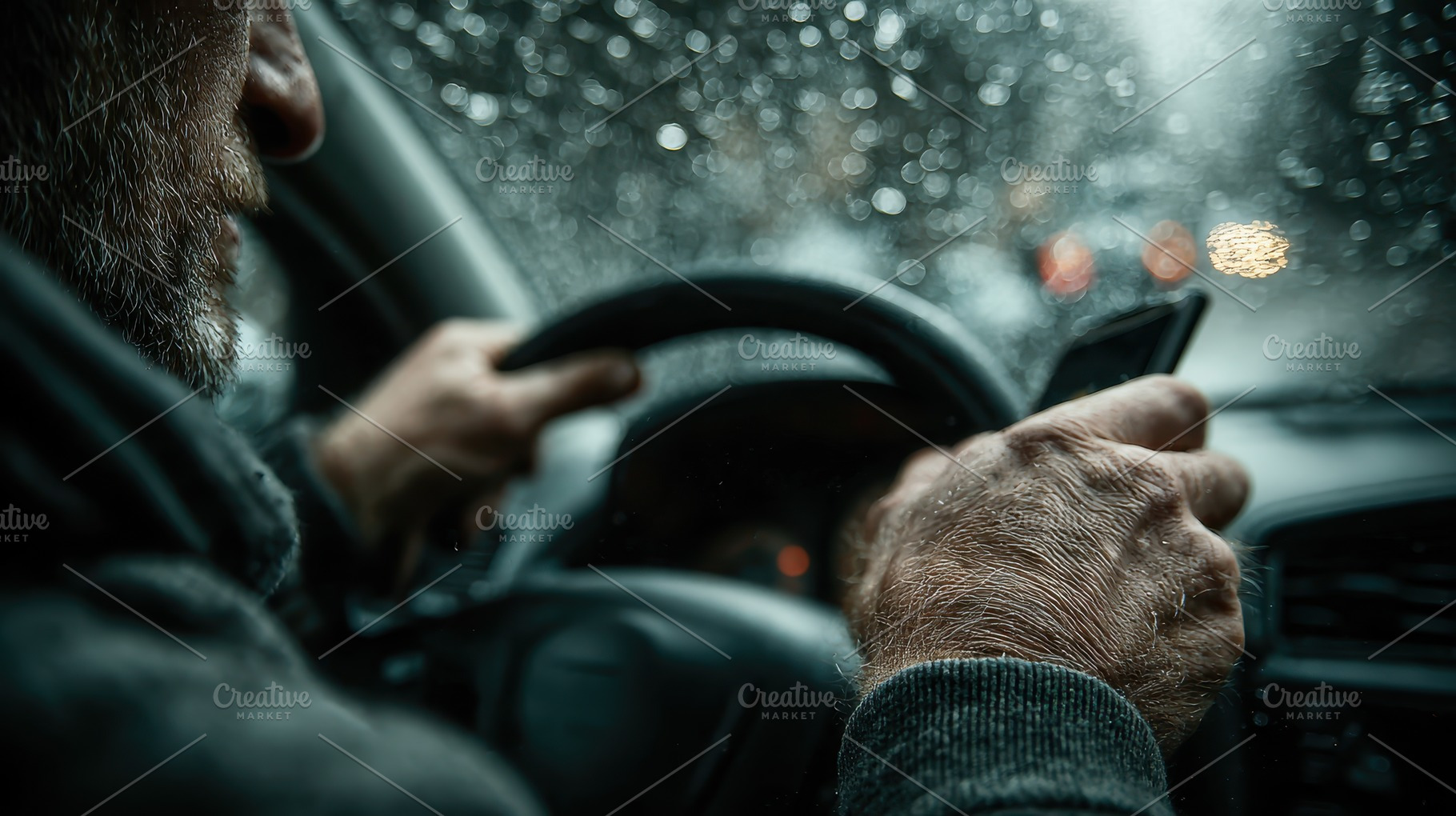 Elderly man driving in rain using ph, a Photo by Pixeness Studio