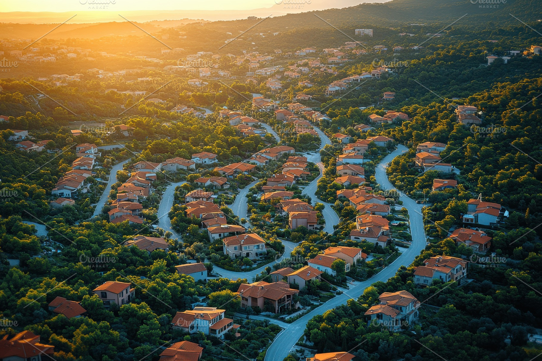 Residential area with winding roads, a Photo by Tanuart