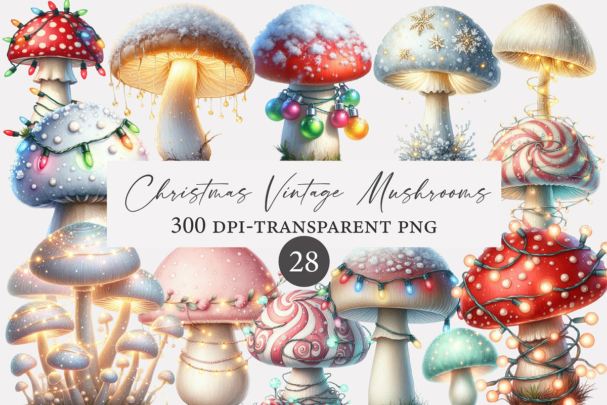Christmas Vintage Mushrooms Clipart, an Illustration by Designworld (Photo 1 of 4)