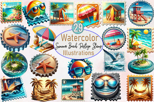 Summer Beach Postage Stamp Bundle, an Illustration by SVGArt
