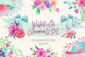 Watercolor Floral Element Set