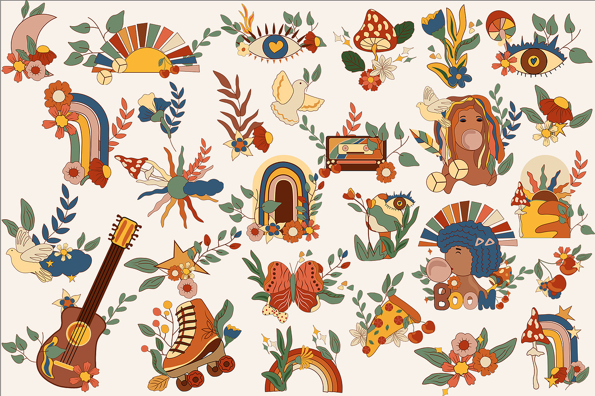 POSITIVE RETRO, BOHO GROOVY CLIPART, a Decorative Illustration by Usis (Photo 8 of 20)