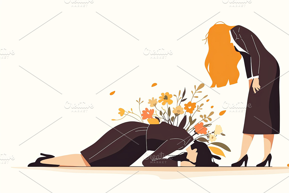 Illustration of two individuals with floral expressions depicting complex emoti, an Illustration by AS photostudio
