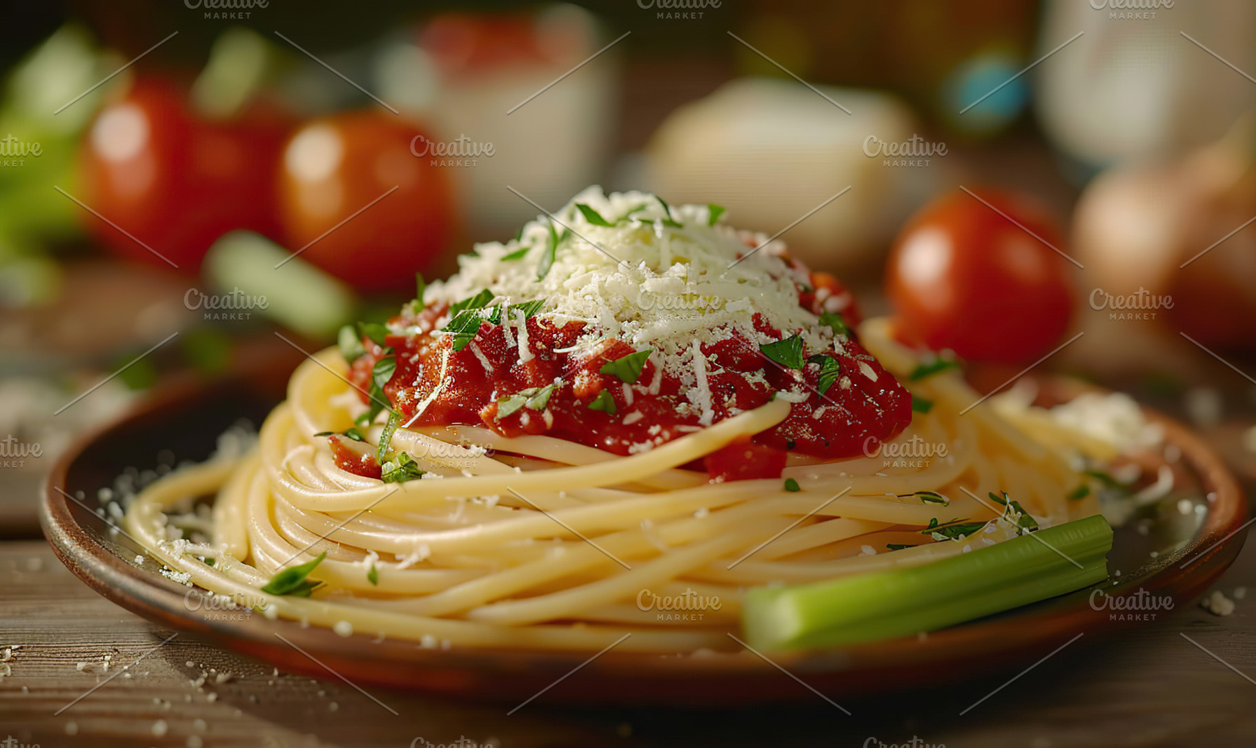 A plate of spaghetti topped with Bol, a Photo by LOGOCREATIVE