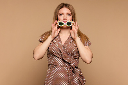 girl wears beige polka dot dress, a Beauty & Fashion Photo by Elena Vagengeim