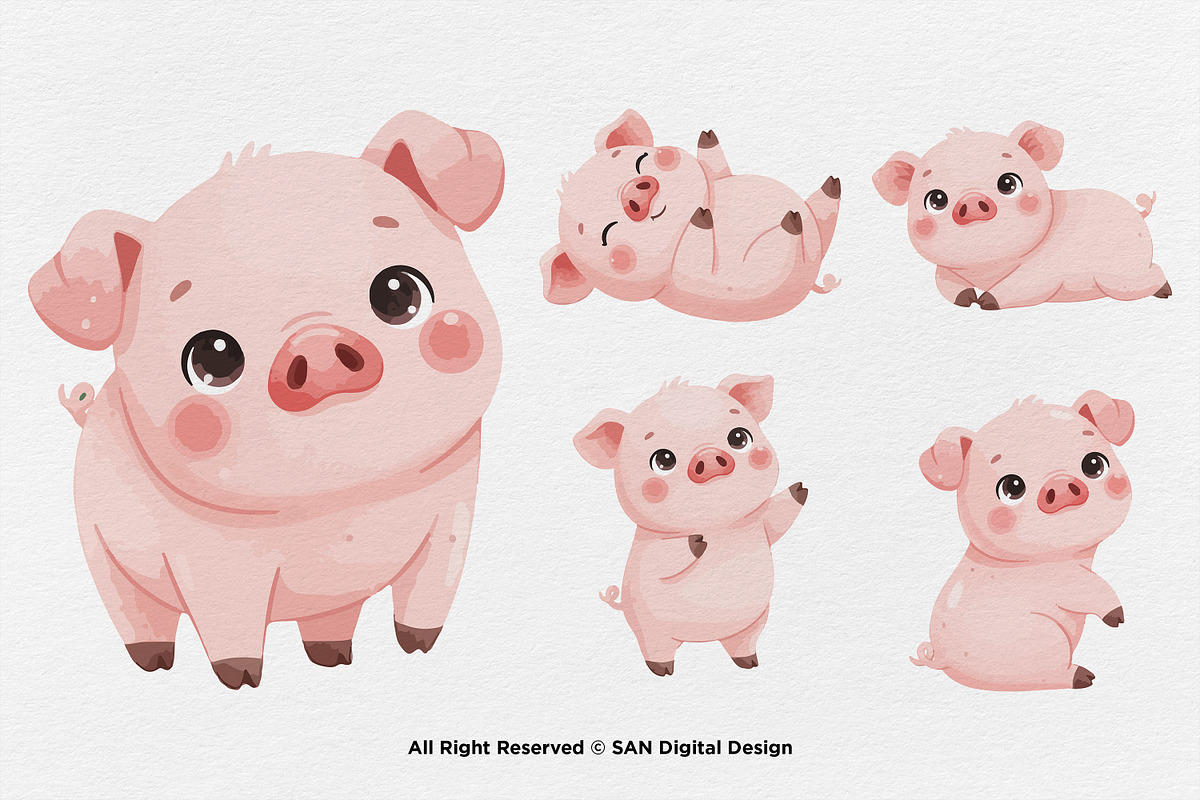 15 Bundle Watercolor Baby Pig Pink, an Animal Illustration by Morspective (Photo 6 of 8)