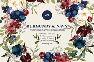 Burgundy & Navy Watercolor Clipart