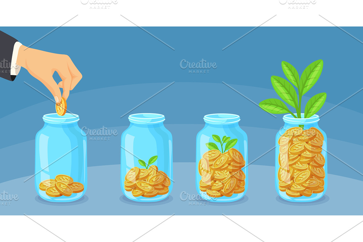 Money tree jar. Glass jars gold, a Finance Illustration by Stock-Smart-Start