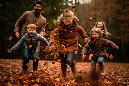 Happy family playing with leaves in, a Photo by Iftikhar Alam