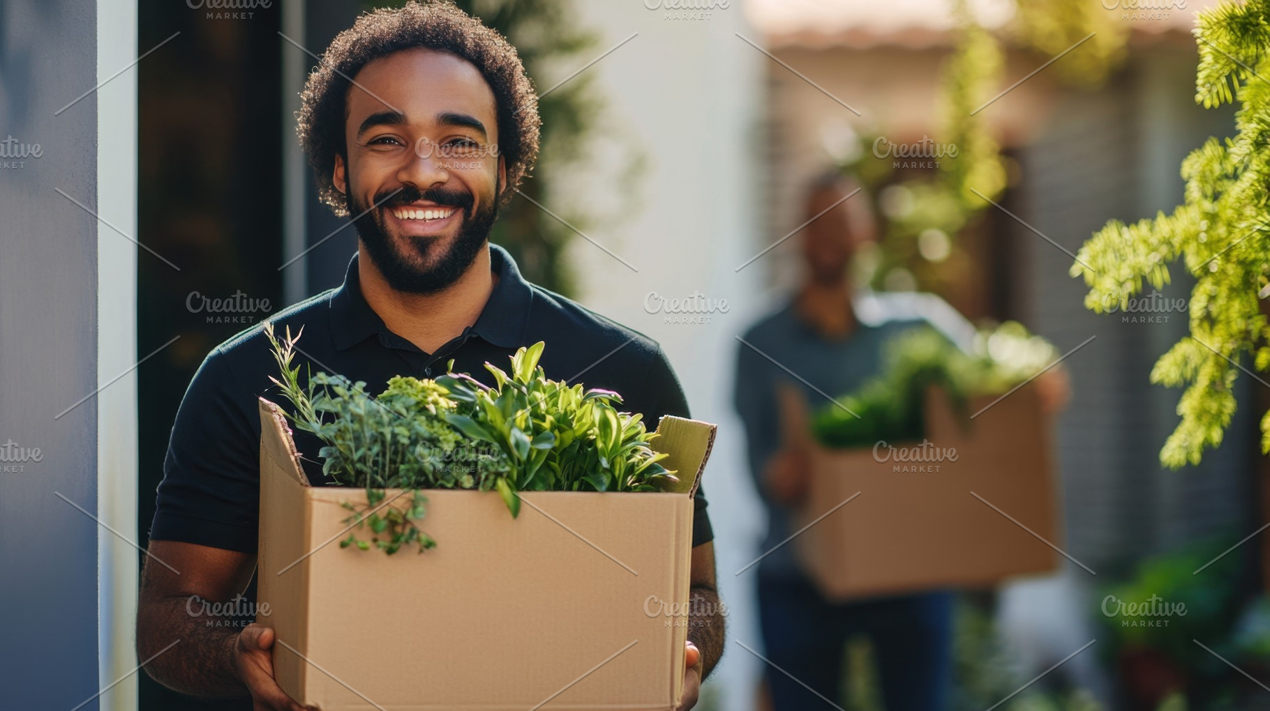 Smiling man carries box of plants, a Photo by Beautiful things