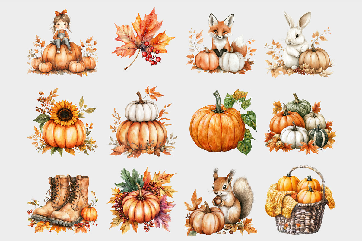 Watercolor Pumpkin Patch Clipart, a Seasonal Illustration by Design Market (Photo 4 of 5)