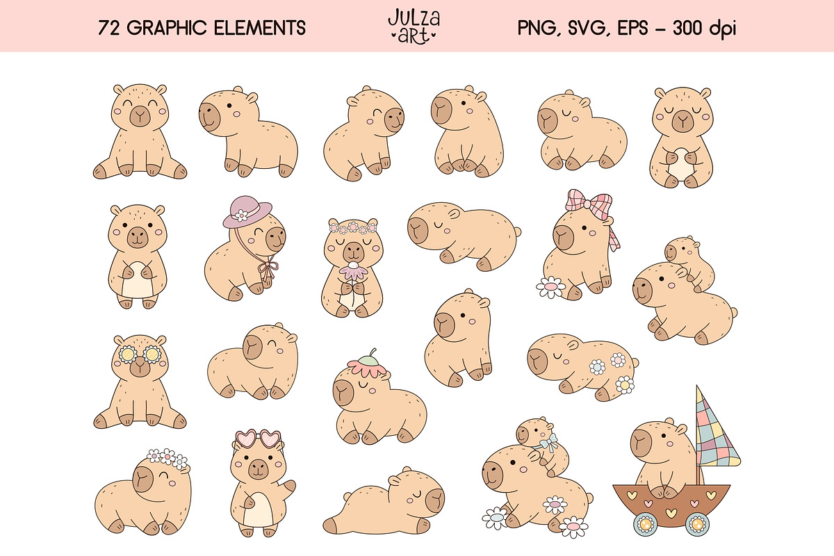 Capybara Clipart - Spring & Summer, a Seasonal Illustration by JulzaArt (Photo 2 of 8)