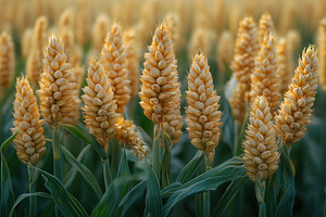 Golden wheat stalks standing tall in, a Photo by Tanuart