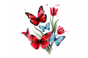 A Bunch Of Red And Blue Butterflies