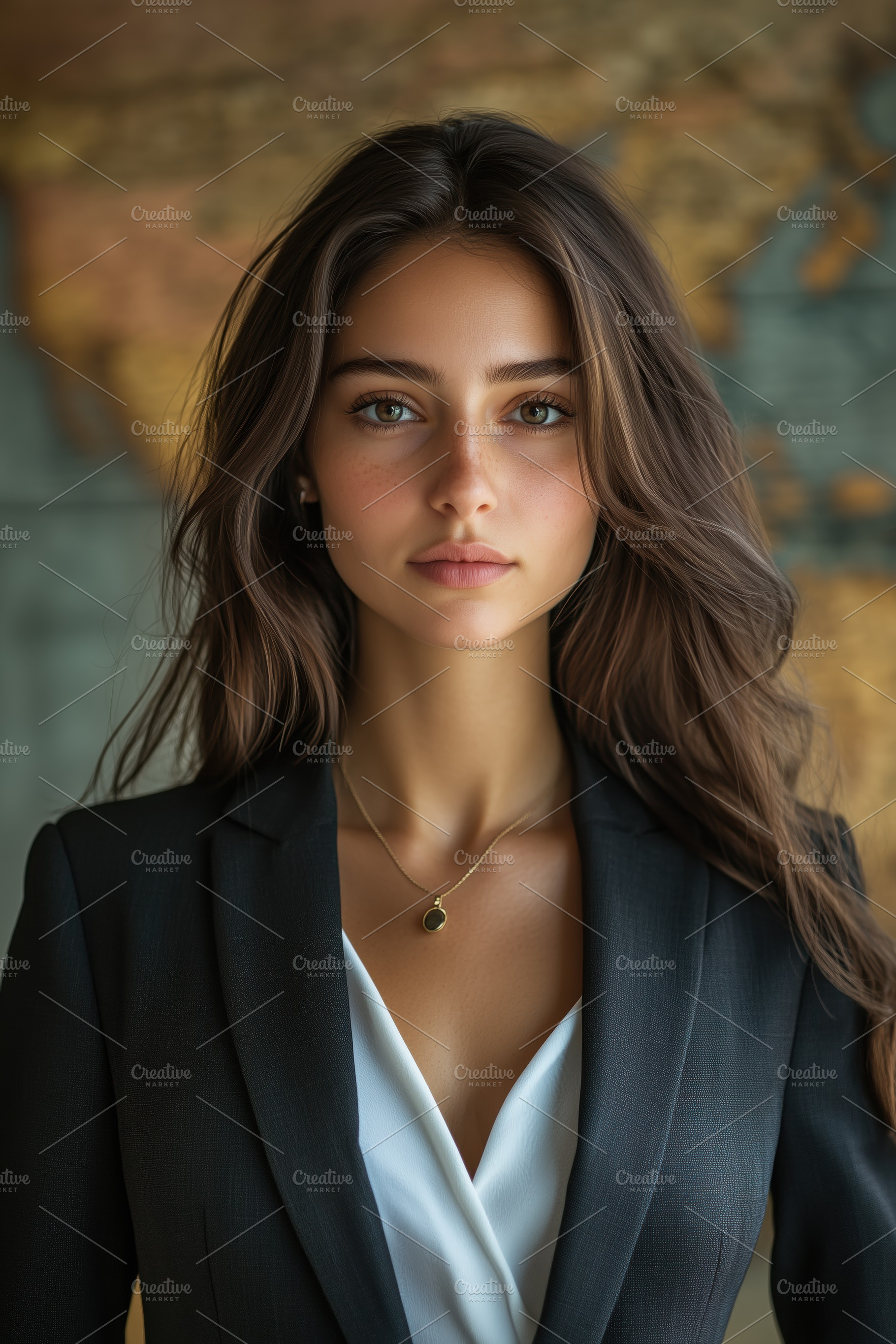 A young woman international lawyer with long, wavy hair wearing a black suit ja, a Person Photo by Textures & Backgrounds