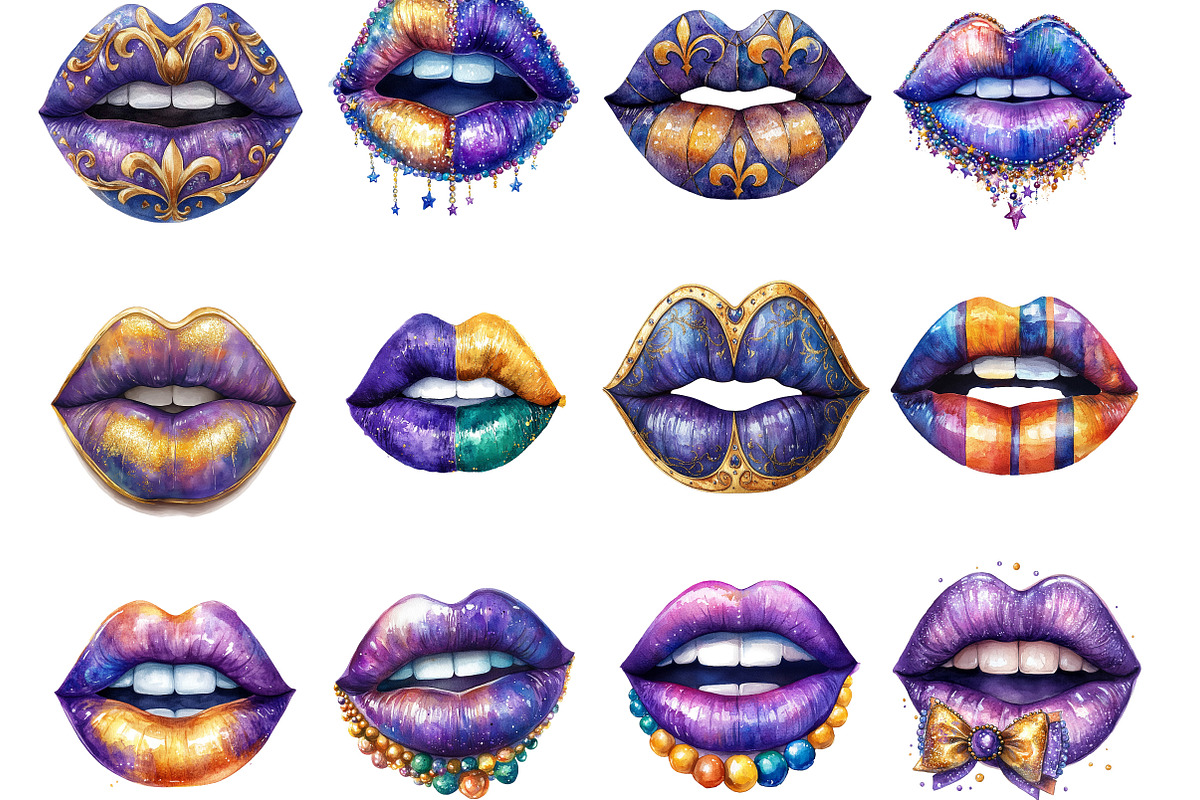 Watercolor Mardi Gras Lips Clipart, an Illustration by Designking (Photo 3 of 5)