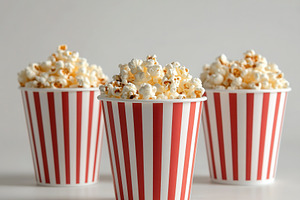 Popcorn with red white striped paper, a Food & Drink Photo by Pixeness Studio