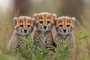 Three playful cheetah cubs resting t, a Photo by Tanuart