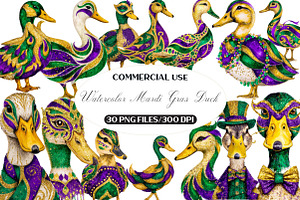 Watercolor Mardi Gras Duck Clipart, an Illustration by Black Bird Studio