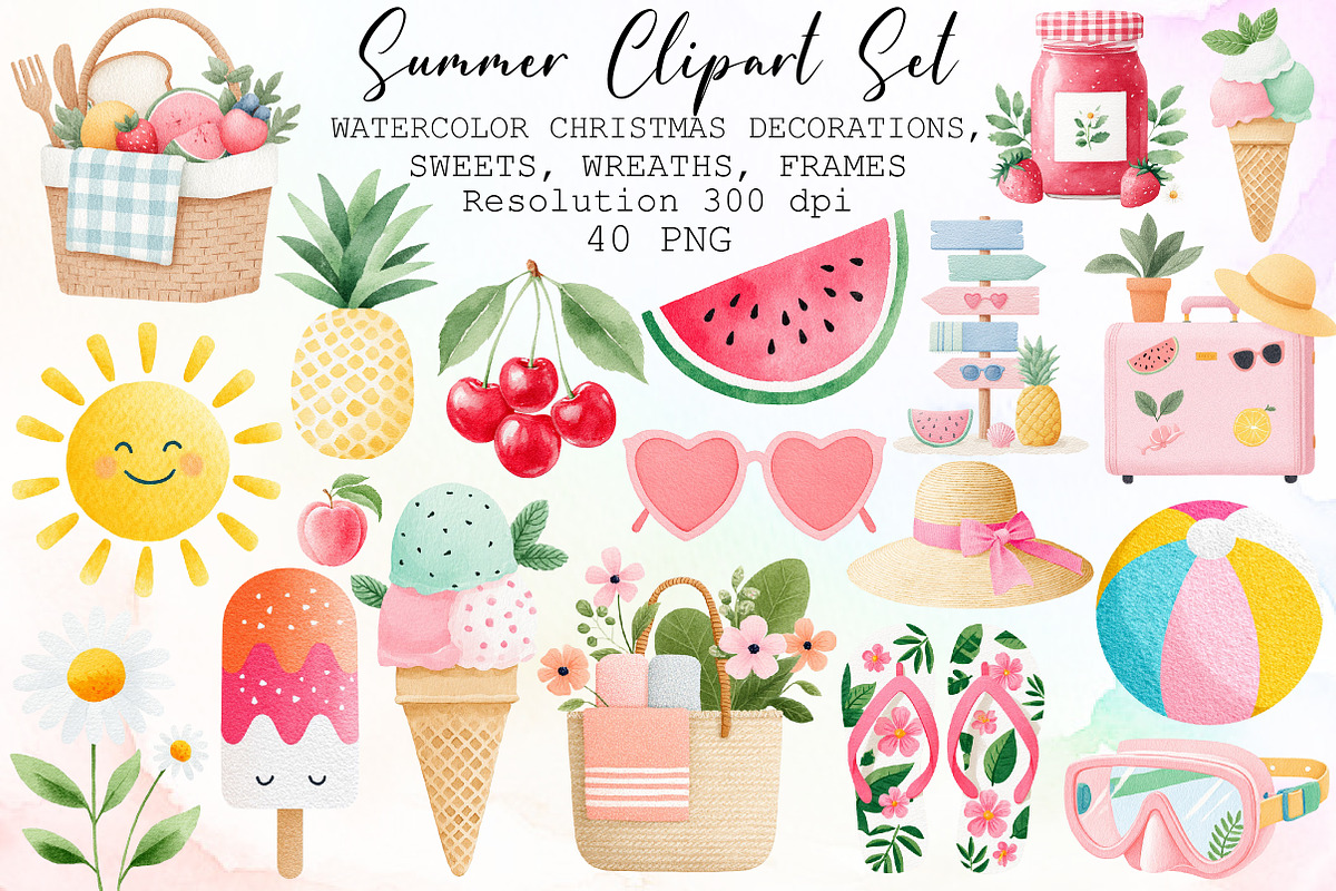 Summer Watercolor Clipart Set, an Illustration by Sublimation Artist (Photo 1 of 6)
