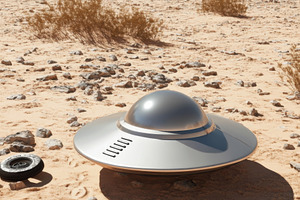 UFO landed in desert landscape with, a Photo by Dvoevnore photos