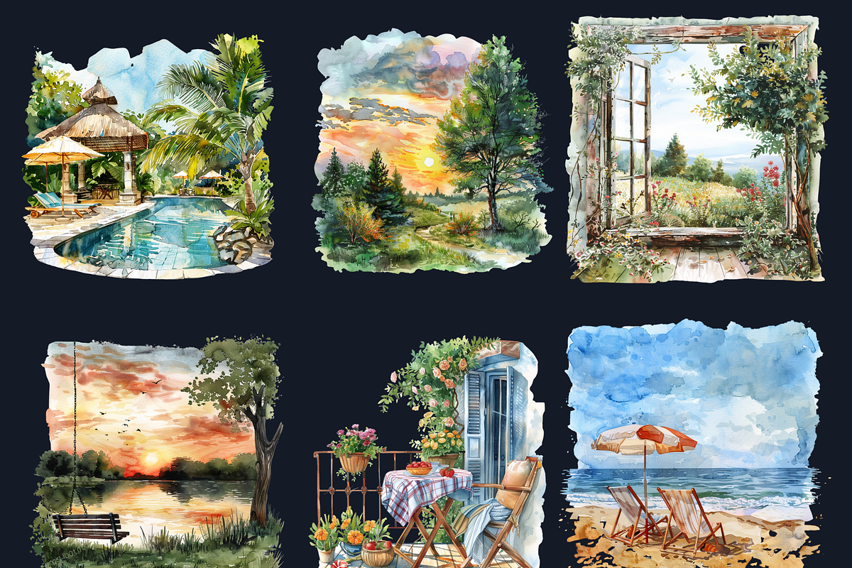 Watercolor Cozy Summer Scenes Set, an Illustration by GiraffeCreative (Photo 7 of 9)