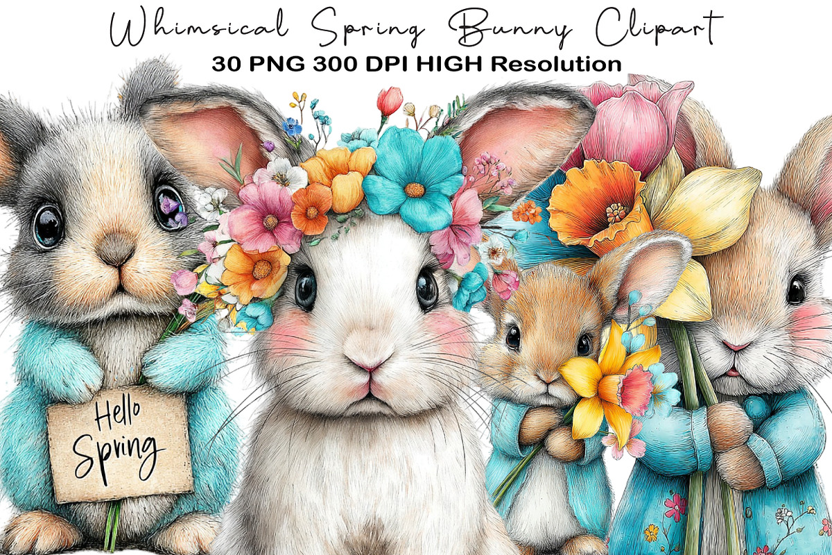 Whimsical Spring Bunny Clipart, an Illustration by Black Bird Studio (Photo 1 of 7)