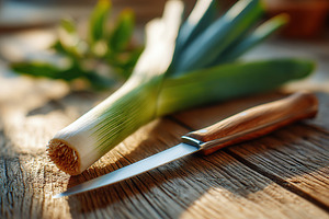 Fresh leeks on a wooden table with a sharp knife in warm afternoon light, a Food & Drink Photo by AlyaAnd