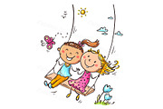 Girls on a swing. Cartoon kids, a Person Illustration by Bubert Art (Thumbnail 2 of 3)