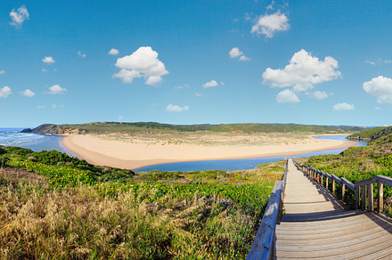 Atlantic ocean coast, wooden walkway to Amoreira beach and Aljez, a Nature Photo by YuriyB