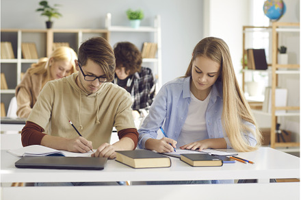 Diverse students at shared desk, a School & Education Photo by StudioRomantic