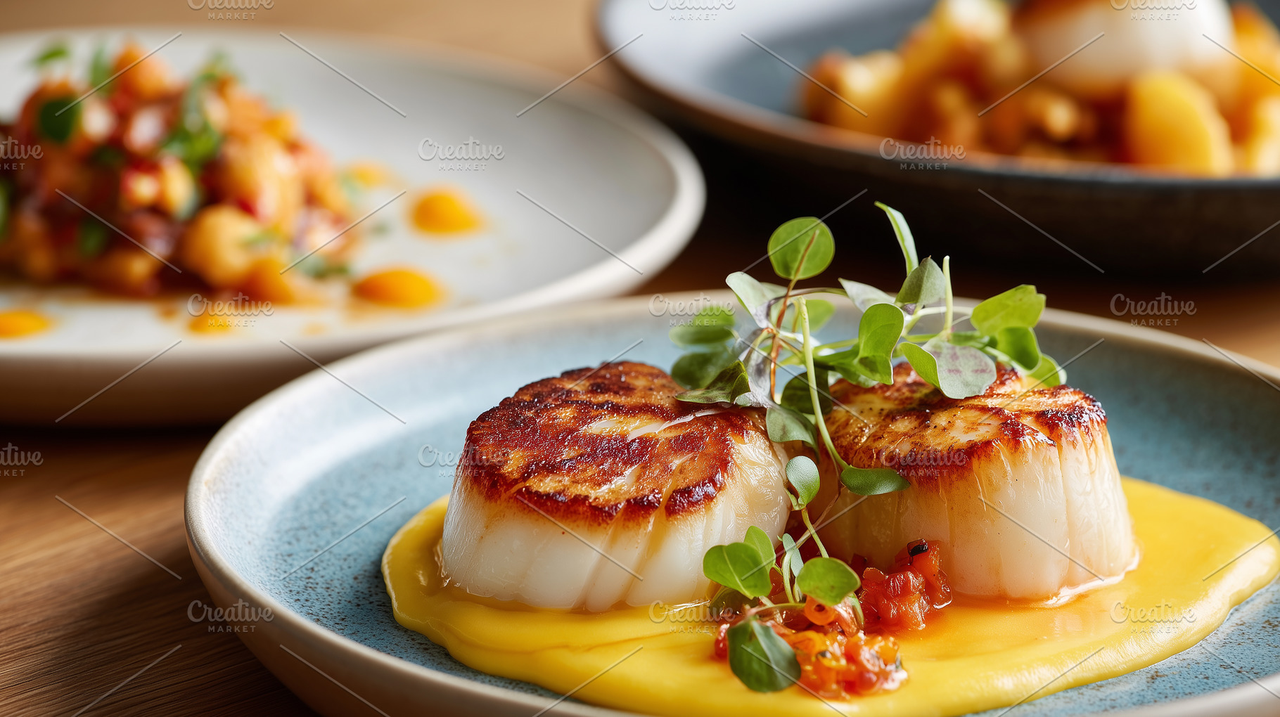 Seared scallops served on a creamy, a Food & Drink Photo by MistyDay