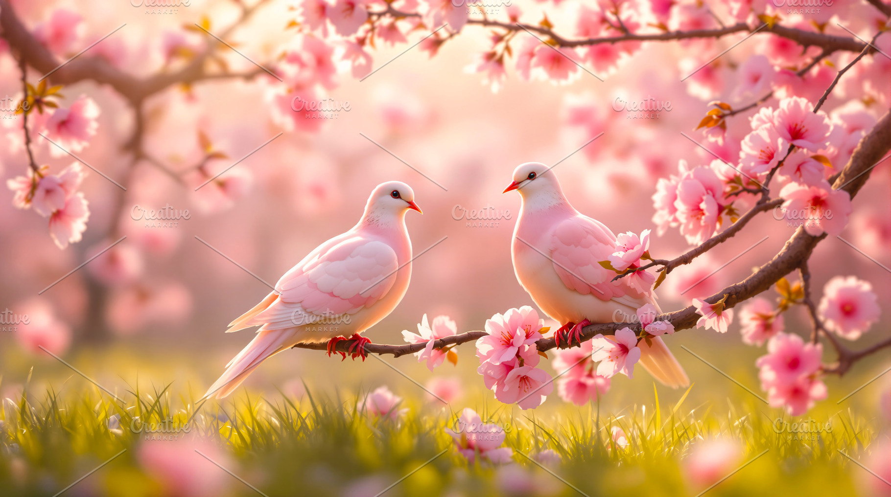Doves Perched on a Cherry Blossom, a Nature Photo by Rafoz