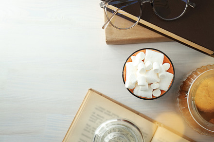 Concept of sweet drink, tasty cocoa drink with marshmallow, spac, a Food & Drink Photo by AtlasStudio