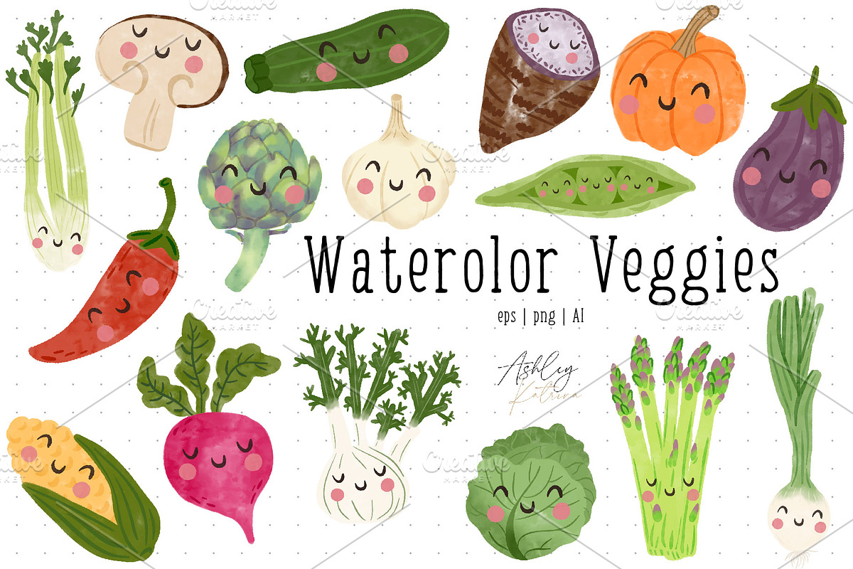 Watercolor Veggies with & w/o Faces, an Illustration by Ashley Katrina (Photo 1 of 10)